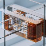 Modern abstract 3D render showcasing a complex geometric structure in cool hues.