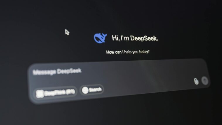 A detailed view of the DeepSeek AI interface, displaying a welcoming message on a dark background.