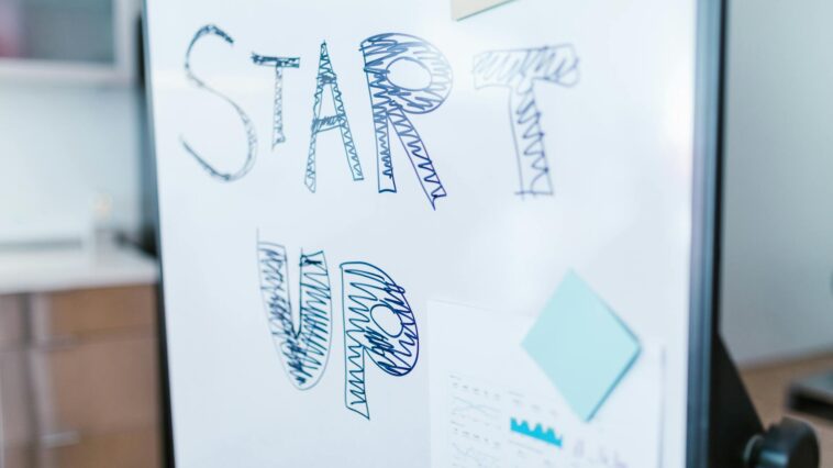 Creative startup concept handwritten on a whiteboard, symbolizing innovation in business.