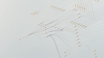 Abstract illustration depicting complex digital neural networks and data flow.