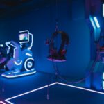 Immersive VR gaming setup with neon lights showcasing advanced technology.