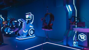 Immersive VR gaming setup with neon lights showcasing advanced technology.