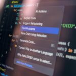 Close-up of AI-assisted coding with menu options for debugging and problem-solving.