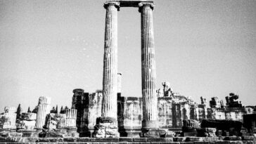 Ancient ruins of the Temple of Apollo in Didim, Türkiye captured in a vintage black and white style.