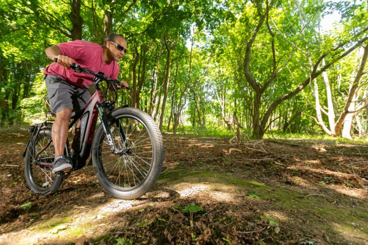 An adult man enjoying a ride on an electric mountain bike through a lush forest trail in summer.