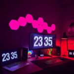A stylish modern workspace featuring multiple screens, neon lights, and digital clocks.