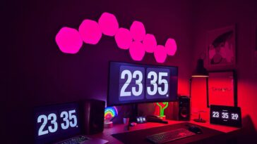 A stylish modern workspace featuring multiple screens, neon lights, and digital clocks.
