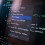 Detailed view of a computer screen displaying code with a menu of AI actions, illustrating modern software development.
