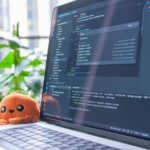 Open laptop with code editor displaying, next to an orange plush toy and green plants.