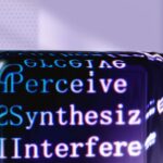 Futuristic abstract artwork showcasing AI concepts with digital text overlays.