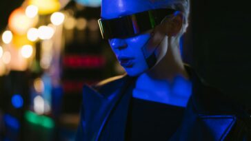 A futuristic cyber woman with AI-inspired eyewear under neon lights, exuding a cyberpunk style.