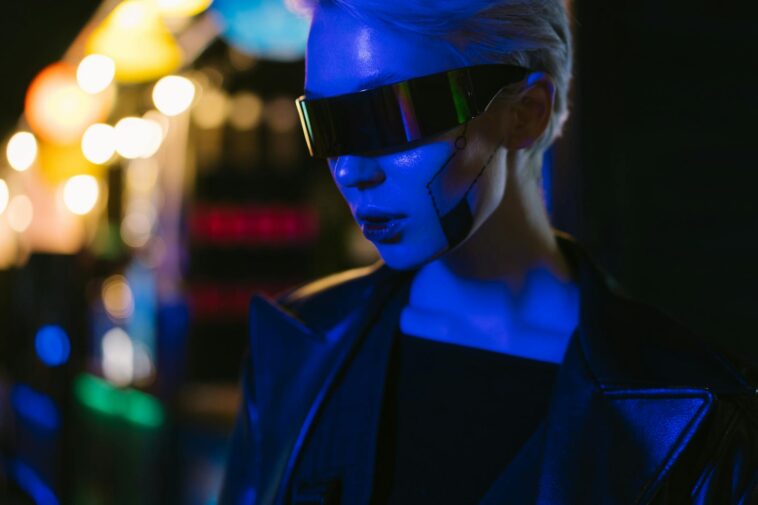 A futuristic cyber woman with AI-inspired eyewear under neon lights, exuding a cyberpunk style.