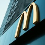 Large fast food restaurant golden arch sign on a modern building facade.