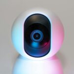 Futuristic IP security camera in soft lighting, perfect for modern smart home setups.
