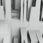 Aerial view of a 3D abstract cityscape with geometric shapes in grayscale tones.