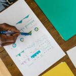 Overhead view of a person analyzing business charts and graphs on paper.