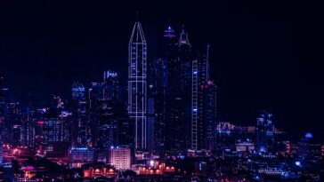 Stunning night cityscape showcasing towering skyscrapers in vibrant lights.