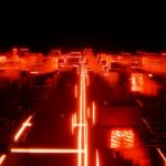 A vibrant abstract cityscape of neon red lights, creating a futuristic urban skyline.