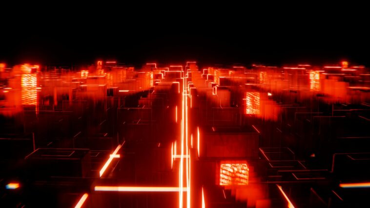A vibrant abstract cityscape of neon red lights, creating a futuristic urban skyline.