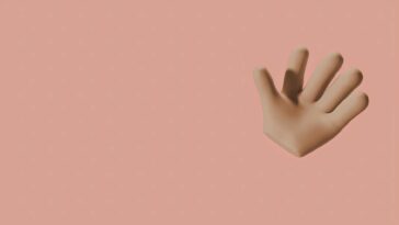 Futuristic 3D rendering of a hand making a waving gesture on a pastel background.
